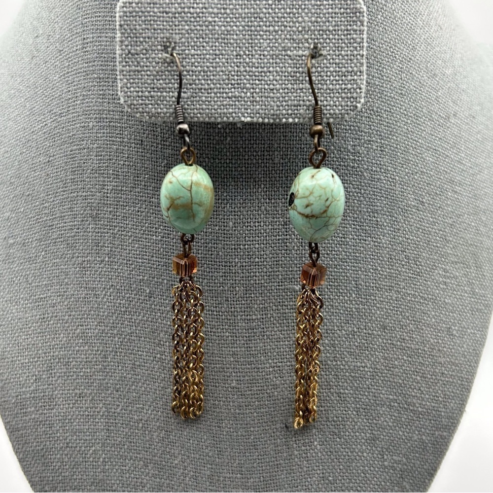 Light Blue Howlite Round Stone & Gold Tone Chain Tassel Dangle Pierced Earrings
